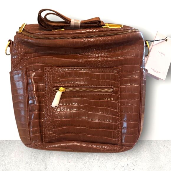 FAWN DESIGN NWT Backpack Diaper Bag Pecan Brown Croc Embossed Faux Leather Purse - Picture 1 of 16